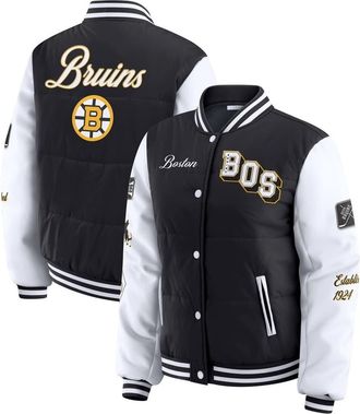 WEAR by Erin Andrews Womens WEAR by Erin Andrews Black/White Boston Bruins Varsity Full-Snap Puffer Jacket at Nordstrom, Size Xx-Large