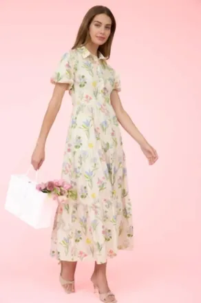 ZOE AND CLAIRE Printed Puff Sleeve Shirt Dress In Cream Multi