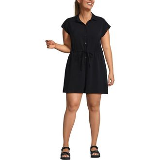 Lands End Plus Size Cap Sleeve Creaseless Button-Down Romper in Black at Nordstrom, Size 26W