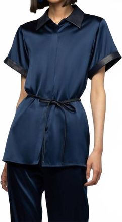 Max & Moi Langelika Silk Top With Leather Detail In Marine