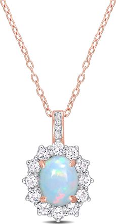 Mimi & Max 2 1/6 CT TGW Oval Shape Blue Ethiopian Opal and White Topaz and Diamond Accent Halo Pendant with Chain in Rose Plated Sterling Silver