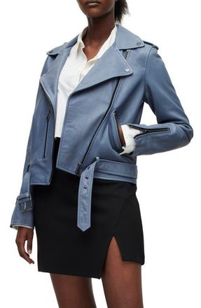 AllSaints Womens Belted Crop Leather Moto Jacket in Flint Blue at Nordstrom, Size 10 Us