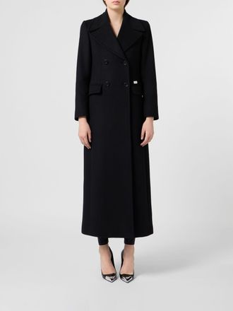 Philipp Plein Long Double-Breasted Wool Coat with Skull Print and Crystals
