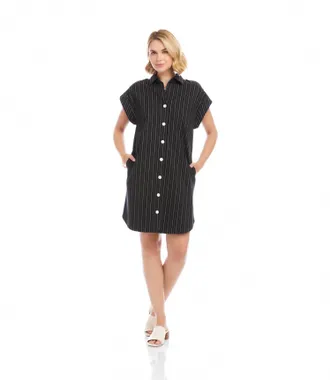 Karen Kane Stripe Cap Sleeve Shirtdress In Black With Off White