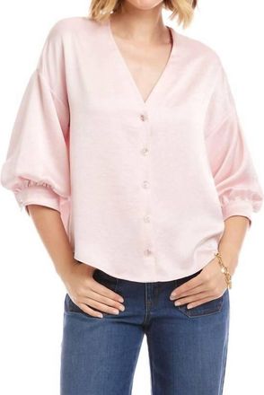 Karen Kane Lantern Sleeve Crystal Rhinestone Button Satin Top In Pink
