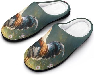 Generic Rooster Grass Daisies Flowers Slippers Men Winter Warm Cotton Anti-Slip Indoor Slip-Ons House Shoes