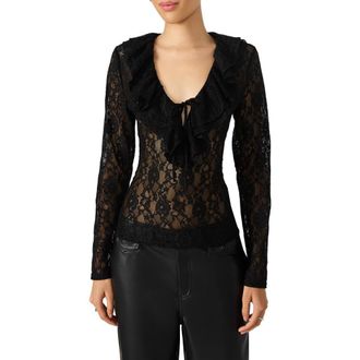 Steve Madden Elvie Sheer Lace Long Sleeve Top in Black at Nordstrom Rack, Size X-Small