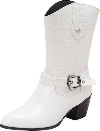 Generic Womens Fashion Mid Calf Boots Round Toe High Chunky Heel Slip On With Metal Belt Buckle For Dating And Parties