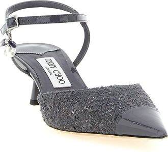 Jimmy Choo London Womens Texturized Patent Leather Slingback Heel Gray Tencel