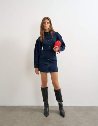 Topshop vestito mini in denim blu con maniche a palloncino e collo alto finto