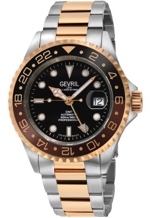 Gevril Group Mens Wall Street GMT Swiss Automatic Sellita SW330 Black Dial Ceramic Bezel, 316L Stainless Steel IPRG Watch - Rose Gold - One Size