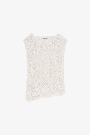 Ganni White Knit Top in Cotton Crochet - Size XXS Organic