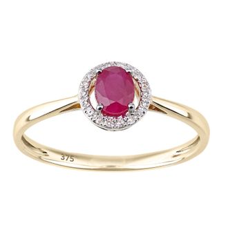 Diamant L'&eacute;ternel Womens 9ct Yellow Gold Diamond and Ruby Round Ring with Halo - Size Q
