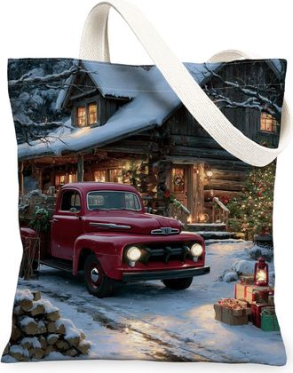Generic Winter Rustic Truck Canvas Tote Bags, Vintage Christmas Red Pickup Reusable Grocery Bags, Lightweight Washable Canvas for O, Red, 13x15 Inch