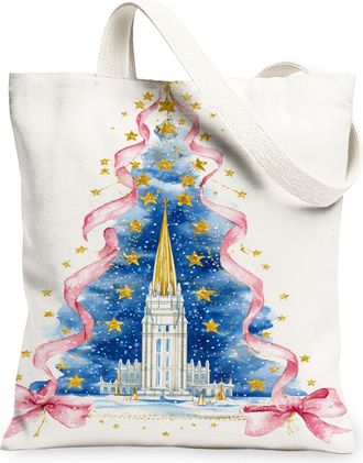 Generic Christmas Tree Canvas Tote Bag, Artistic Holiday Design Reusable Grocery Bags, Vintage Lightweight Washable Shoulder Strap, White, 13x15 Inch
