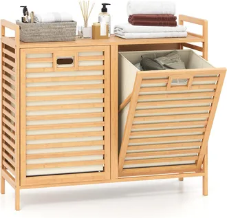 Costway Costway Cesto Portabiancheria In Bamb&ugrave; 75 L, Porta Biancheria Sporca Con 2 Cestini Rimovibili, Ripiano Superiore E Maniglie, Mobile Salvaspazio Per Ba