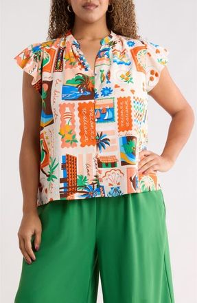 Sugarlips Palm Ruffle Split Neck Blouse in Coral-Multi at Nordstrom, Size 3 X
