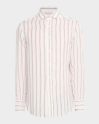 Brunello Cucinelli Mens Linen and Cotton Slim-Fit Textured Stripe Button-Down Shirt
