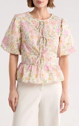 Melloday Tie Front Poplin Peplum Top in Pink Multi at Nordstrom Rack, Size X-Small