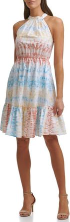 Kensie Tie Dye Sleeveless Cotton Fit & Flare Dress in White Multi at Nordstrom Rack, Size 14