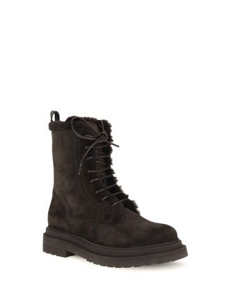 Brunello Cucinelli Fur-Lined Suede Laced Ankle Boot - Black