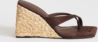 Topshop Naomi - Sandali infradito in camoscio sintetico color cioccolato con zeppa in rafia-Marrone