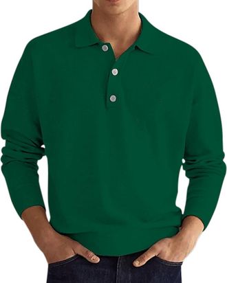 Generic Polo Shirts Mens Solid Color Loose-fit Pullover Tops Turndown Button Collar Polos for Business Casual Outings and Relaxation Long Sleeve Polo Shirt Co
