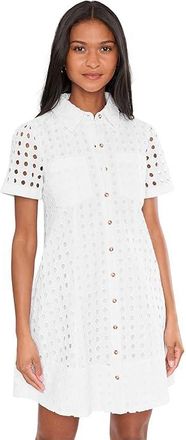 CeCe by Cynthia Steffe Short Sleeve Eyelet Collared Babydoll Dress Womens Dress Ultra White : 14, Cotton