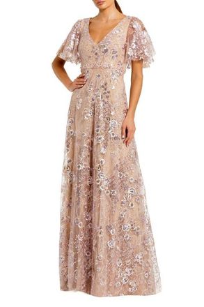 Mac Duggal Lace Embellished Flutter Sleeve A-Line Gown in Rose Pink at Nordstrom, Size 10