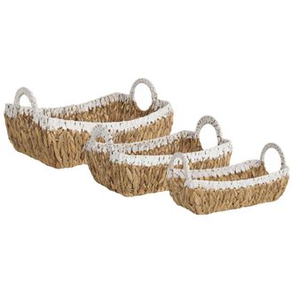 Beliani Conjunto De 3 Cestas Jacinto De Agua Boho Estructura De Metal Hecho A Mano Con Asas Claro Con Blanco Campha