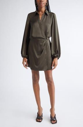 Ramy Brook Carolyn Wrap Front Long Sleeve Satin Dress in Deep Olive at Nordstrom Rack, Size Xx-Small