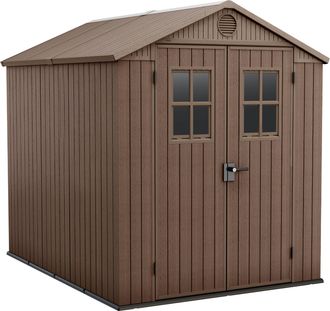 Keter Darwin 6x8 - Caseta De Jard&iacute;n 190x221x244 Cm Con 2 Puertas Para Almacenamiento De Herramientas Acabado Efecto Madera Evotech+ En Resina Marr&oacute;n
