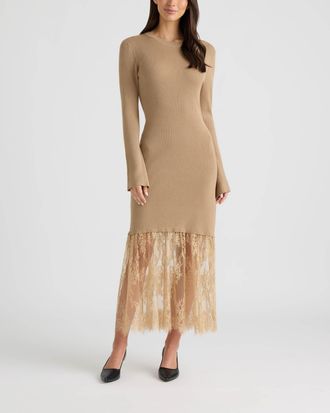 Ellen Tracy Womens Sheer Lace Hem Midi Sweater Dress