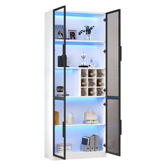 STILVORA Vitrina Librer&iacute;a Con 2 Puertas De Cristal, 5 Niveles, Botellero Y Led Para Sal&oacute;n O Cocina, En Tablero, Blanco, 80&times;35&times;200 Cm