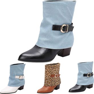 Generic Womens Leopard Mid-Calf Boots with Side Zipper Fold Over Pointed Toe Booties Slouchy Low Chunky Heel Buckle Ankle Boots Ladies Comfortable Non-Slip Ru