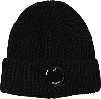 C.P. Company Blauwe Ribgebreide Beanie met Lens - Heren - Hoeden - Zwart - ONE Size - Accessoires