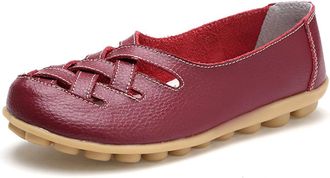 Generic Womens Orthopedic Comfort Loafers Stylish Orthopedic Leather Shoes Hollow Soft Flats Sandals Slip-On Shoes (Wine Red,5.5)