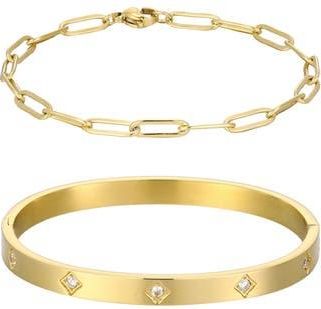 Adornia Set of 2 Tarnish Resistant 18K Gold Plated Chain & Cubic Zirconia Bangle Bracelets at Nordstrom Rack
