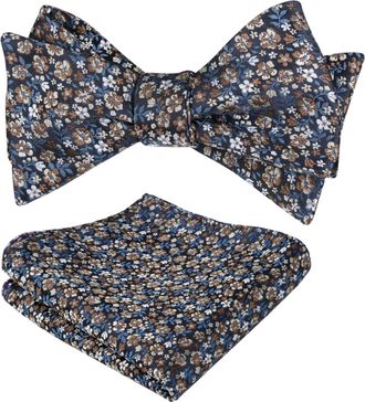 Alizeal Mens Floral Patterned Colorful Classic Self Tied Bow Tie and Pocket Square Set, Navy+Brown