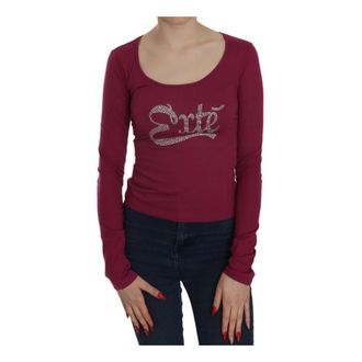 Exte Fuchsia Kristalversierde Blouse met U-Halslijn - Dames - Longsleeves - Rood - XL - Katoen - Tops