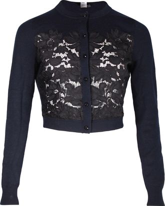 Diane Von Fürstenberg Diane Von Furstenberg Lace Pattern Crew Neck Cardigan in Navy Blue Wool