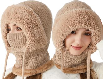 Generic Averageon 3 in 1 Beanie Hat for Women, 3 in 1 Beanie Hat for Women, Mask Set Hooded Piece Windproof Warm Snow Cap, Multi-Functional Outdoor Hat (1, Be