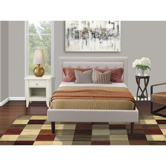East West Furniture FN08F-1GA0C 2-Pc Fannin Bed Set with 1 Platform Bed and a Night Stand for Bedrooms - Mist Beige Linen Fabric