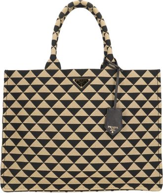 Prada Beige Black Fabric Leather Handbag Tote Bag (Pre-Owned)