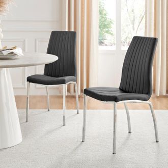 Furniturebox Set of 2 Isco Deep Cushioned Soft Touch Faux Leather Dining Chairs With Silver Chrome Metal Legs in Black