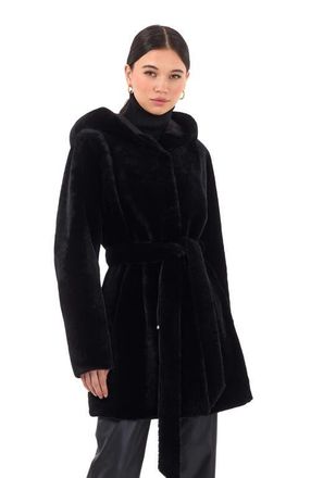 Gorski Genuine Shearling Hooded Stroller, Reversible To Taffeta, Belt in Black/black at Nordstrom, Size Small