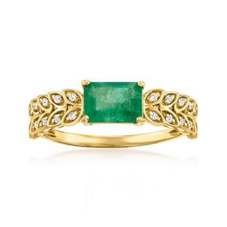 Ross-Simons Emerald and. Diamond Leaf Ring in 14kt Yellow Gold