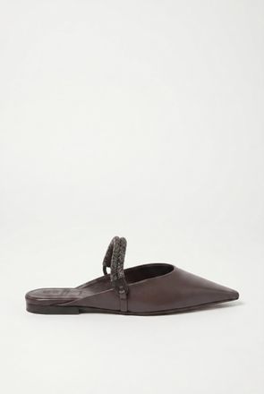 Brunello Cucinelli Leather Pointed-Toe with Beaded Strap Flats - Brown