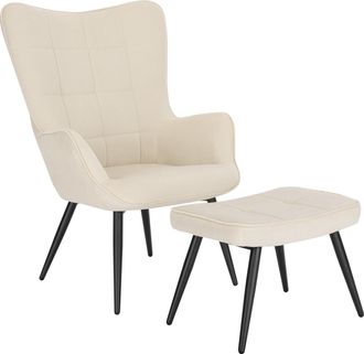 Woltu Woltu - Sill&oacute;n De Relax Con Reposapi&eacute;s Silla De Escritorio Con Escabel Sill&oacute;n Con Reposabrazos Y Respaldo Alto De 59cm Pana Patas Blanco Crema