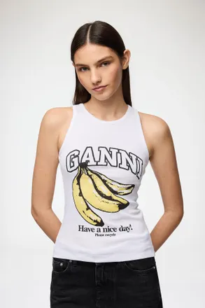 Ganni White Tank Top with Banana - Size XS Organic Cotton